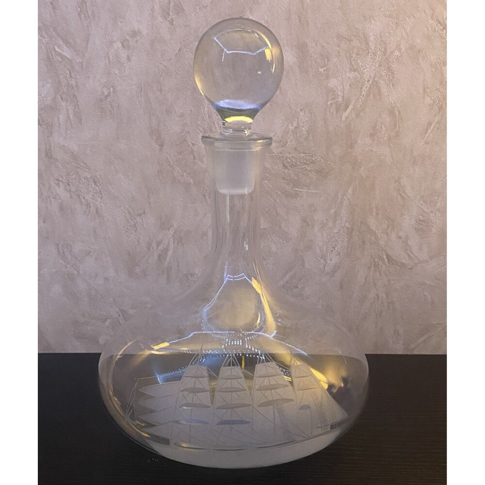 Vintage Toscany hand blown Romanian etched glass clipper ship Decanter Barware